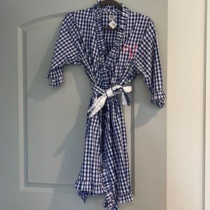 Mainstreet collection Blue Gingham Ruffle Robe “V” initial S/M